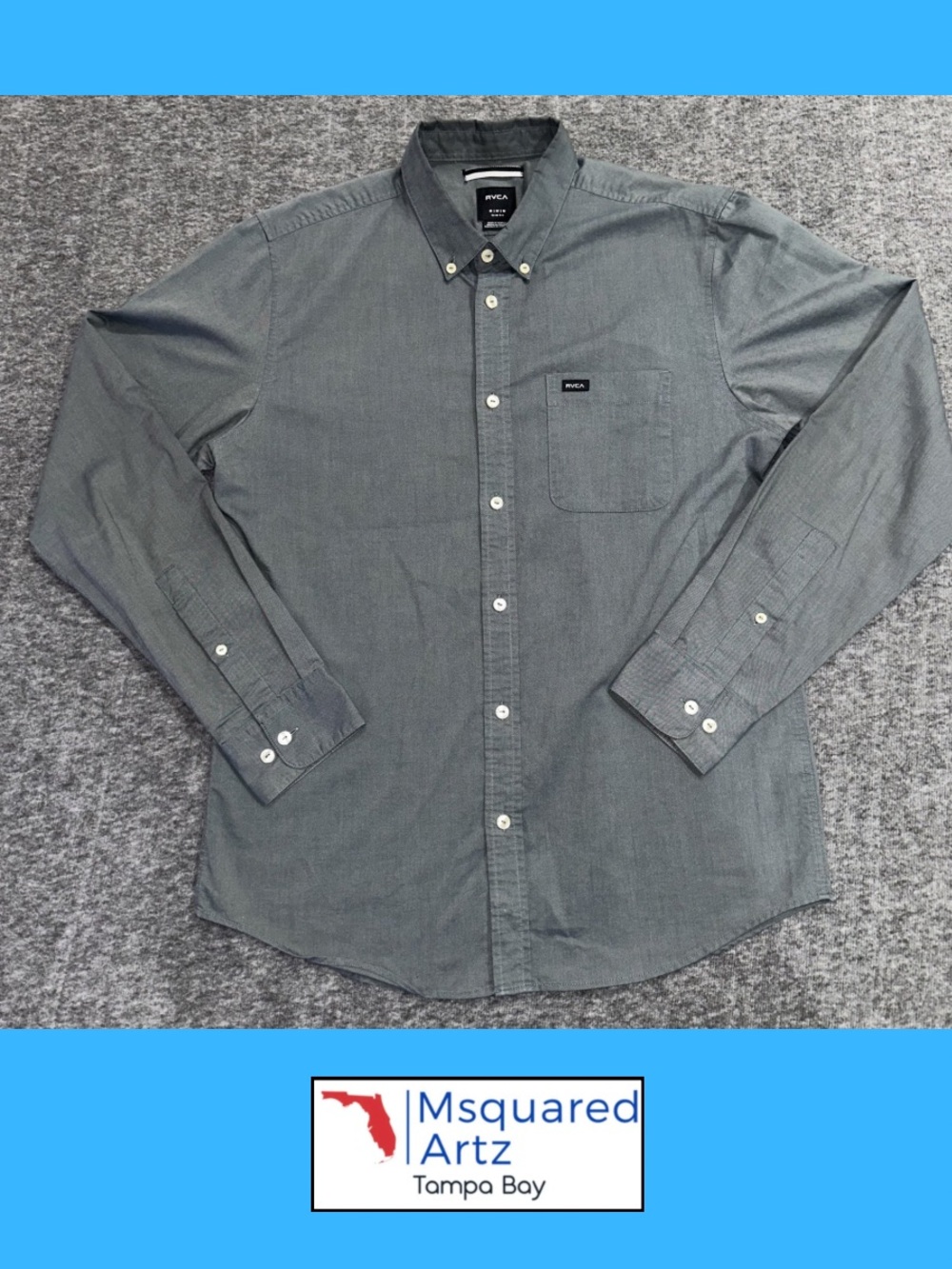 RVCA Slim Fit Button Front Shirt Gray Long Sleeve Casual Cotton Blend Medium